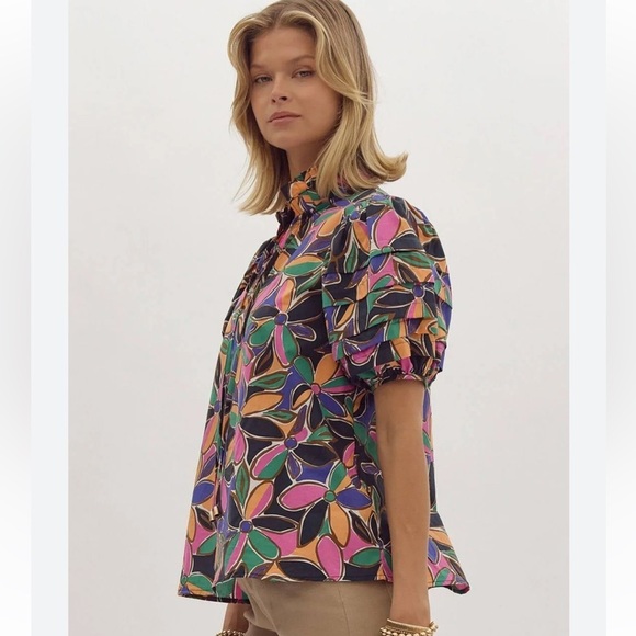 Entro Floral Print Short Puff Sleeve Tiered Detail Blouse In Multi Size Medium - Picture 2 of 12
